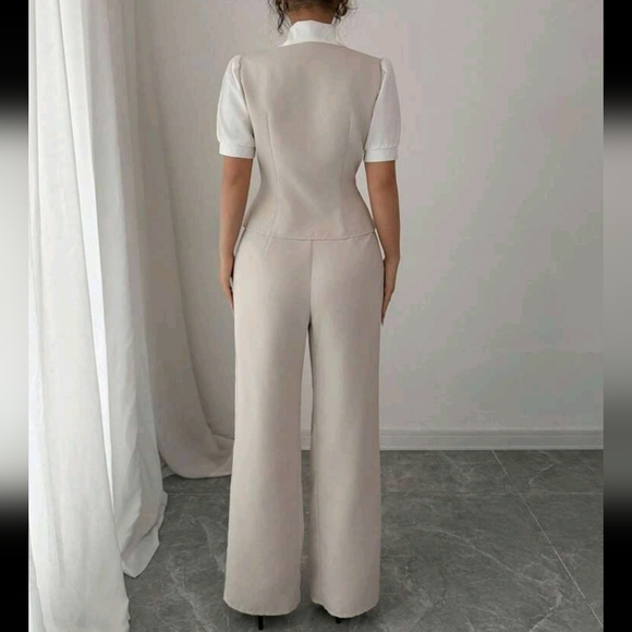 Women's 2 Piece Set Casual Splice Contrast Button Decor Short Sleeve - Picture 2 of 4